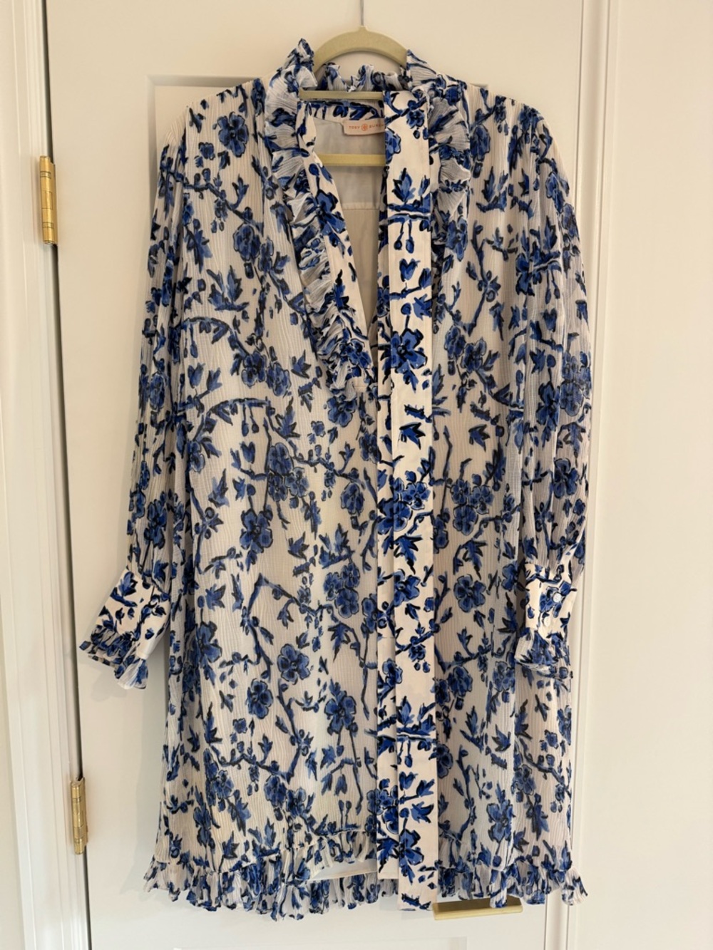 Tory Burch White and Blue Floral Long Sleeve Dress